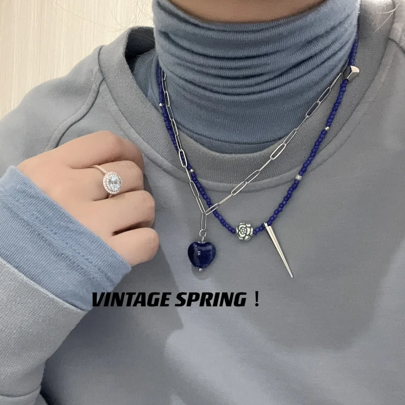 

Minar Korean Trendy Klein Blue Love Heart Flower Choker Necklaces for Women Double Layered Beaded Chain Pendant Necklace Gifts