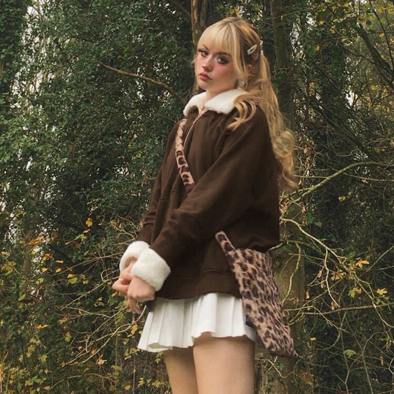 

y2k Fur Jackets Loose Brown Grunge Fairycore Coat Turn Down Collar Zipper Prepply Sweatshirts Women Chic Outerwear 90s