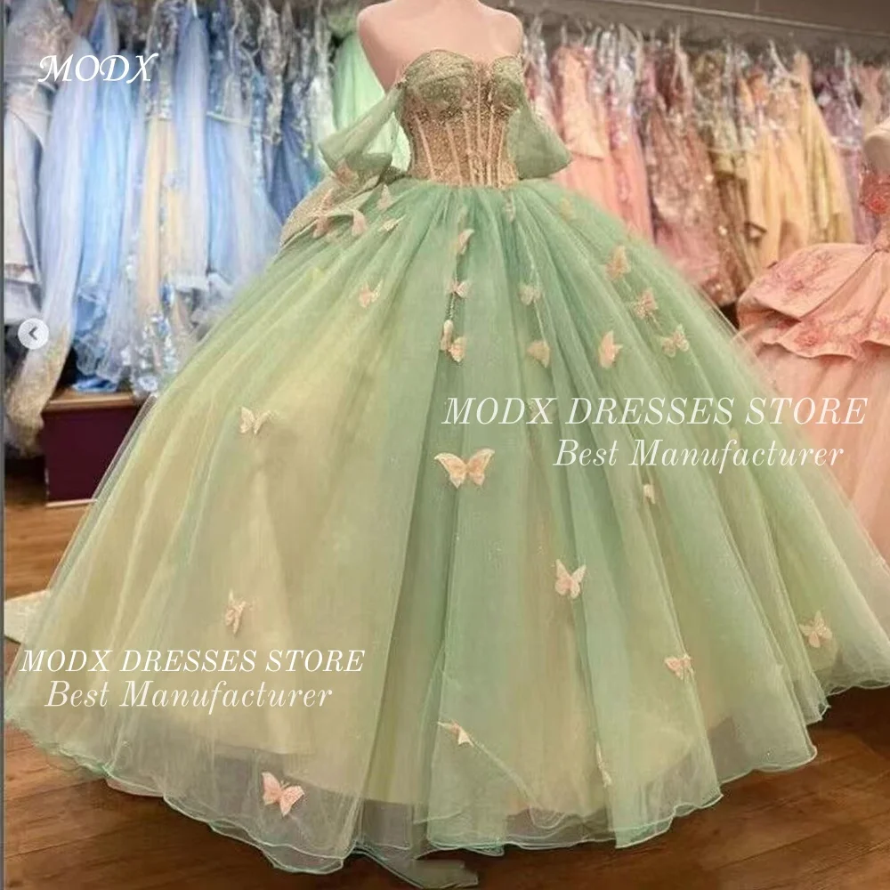 Фото MODX Exquisite Sage Green Butterflies Appliqus Evening Dresses Customized Off-shoulder Women Party Dress Formal Celebrity Gowns №1