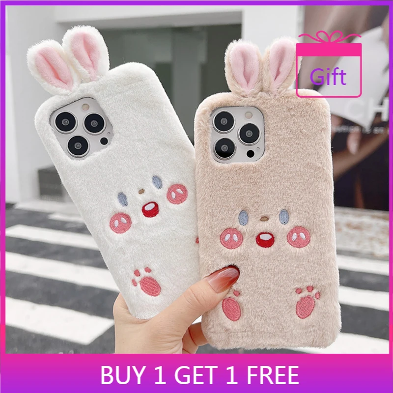 Милый 3D плюшевый чехол для телефона с кроличьими ушками iPhone 12 11 Pro Max 13 Mini X XR XS 7 8 Plus