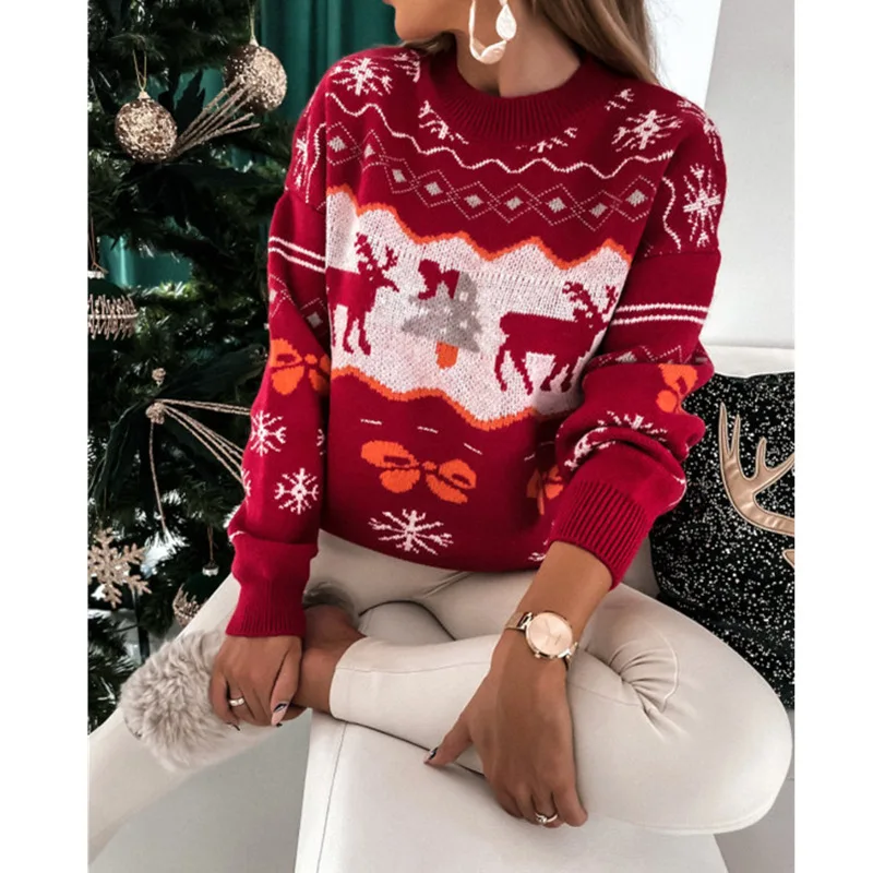 

Women Sweater Christmas Knitted Long Sleeve Jumper Round Neck Clothes Plus Size Female Fashion Casual Autumn Winter Pullover New