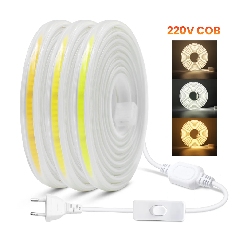 

FOB COB LED Strip with Switch 220V 288Leds/m High Density LED Tape Ribbon Flexible Dimmable COB Lights Bar RA90 Linear Lighting