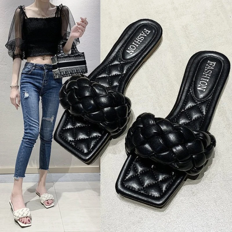 

Women Sandals Slippers Women Outer Wear Fashion Lowtop Solid Color Square Head Woven Flip Flops Fashion Sexy Stiletto High Heel