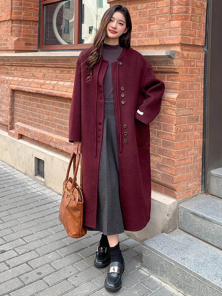 Корейское элегантное двустороннее кашемировое пальто средней длины женское