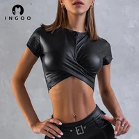 ingoo fashion y2k short sleeve crop top women summer party club pu leather chest wrap bodycon sexy black t shirt street outfits