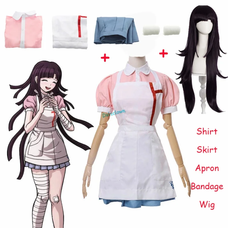 

Danganronpa Mikan Tsumiki Cosplay Outfit With Wig Anime Halloween Despair Ultimate Nurse Uniform Maid Costume Full Set For Women