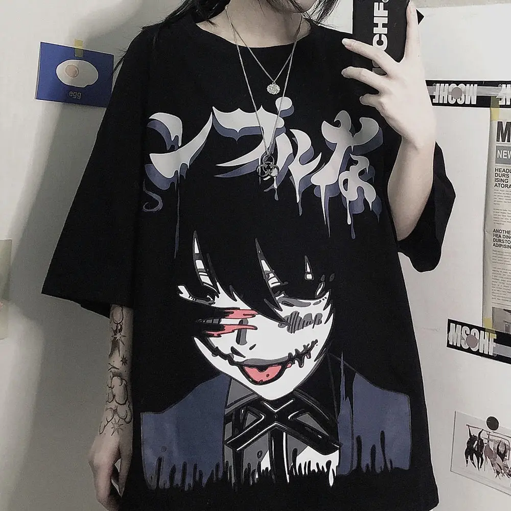 

Deeptown Japanese Two Dimensional Anime T-shirt Harajuku Gothic Tees Street Retro Graphic Short Sleeve for Women Cartoon Top New