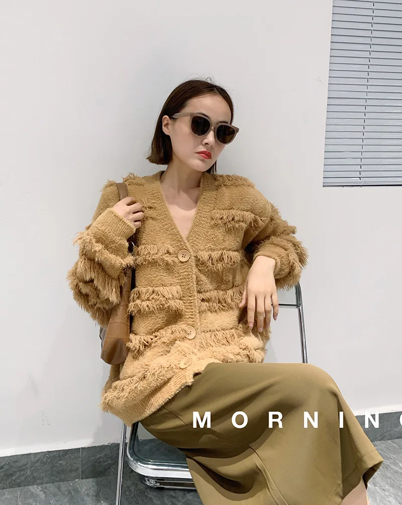 

Женский свитер из искусственной норки, универсальный Свободный вязаный кардиган в стиле ретро с бахромой, Осень-зима 2022