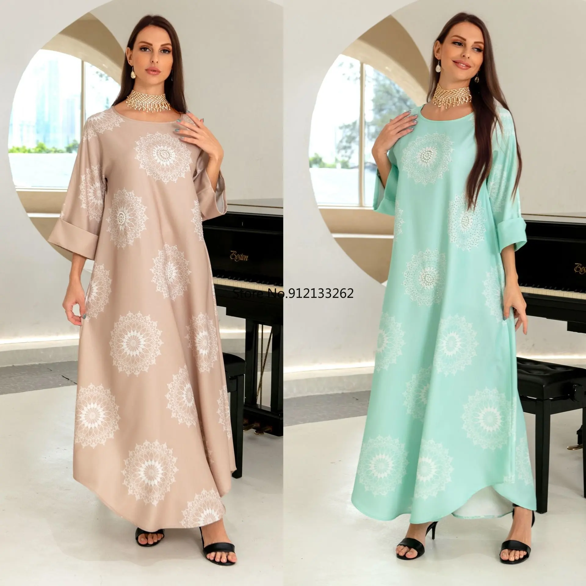 Middle East Flowers Robe Muslim Women Abaya Dubai Ramadan Luxury Beads Print Dress Islam Clothing Moroccan Kaftan 2022 Jalabiya