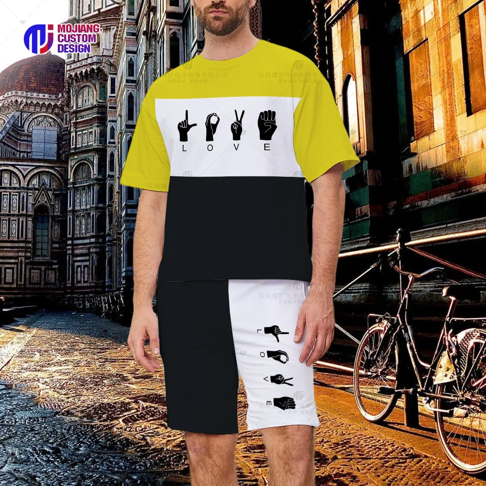 Letter LOVE & Gesture Print Men's T-Shirt Set, Crew Neck Short Sleeve Top, Graphic Shorts Men's Shirt Summer Dress