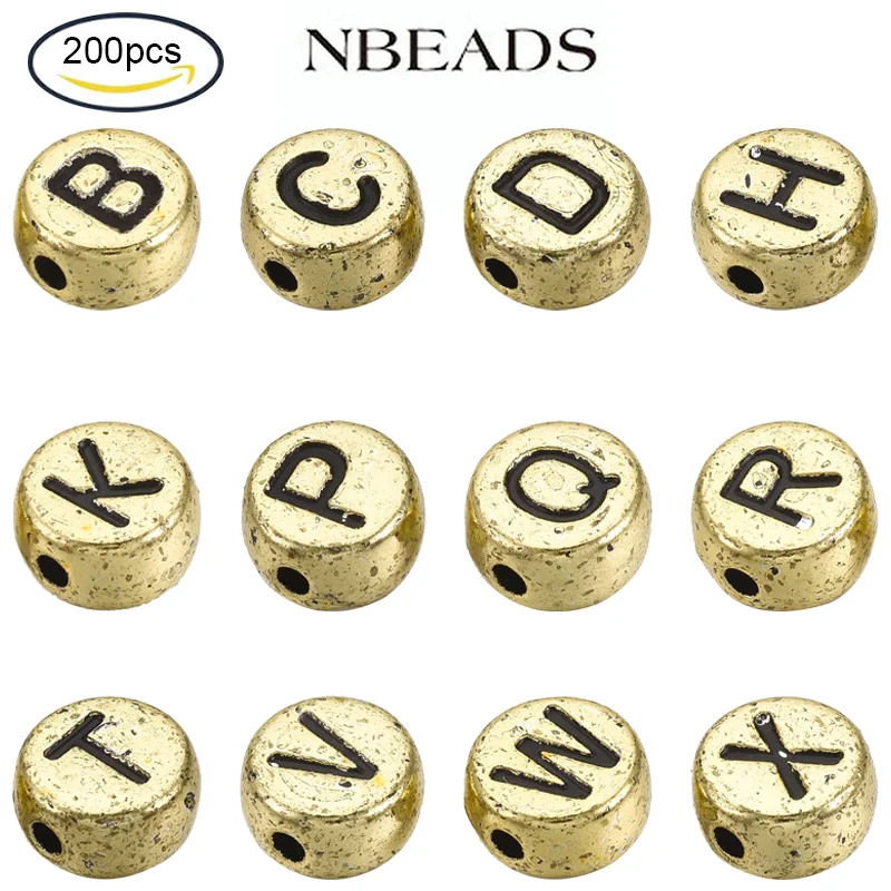 

200PC покрытие акриловые бусины Горизонтальное отверстие плоские круглые с буквой позолоченные черные буквы 7x4 мм Фотоэлементы