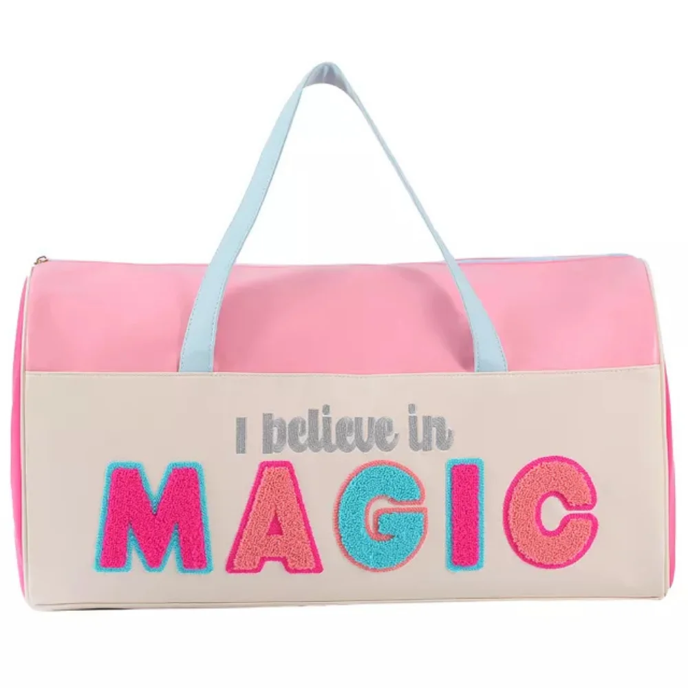 Fashion PU Leather Duffle Bags Women Cute Sewn on Patches Weekender Overnight Bag Ladies Large Capacity Travel Luggage Bag