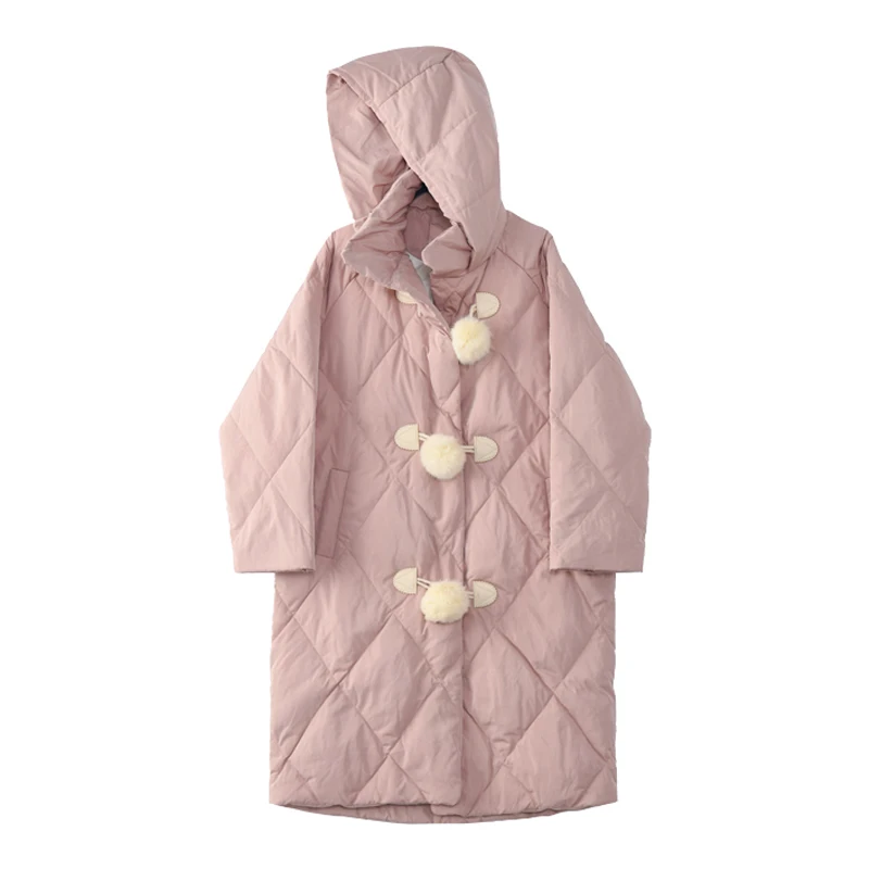 Pink down jacket women's medium long Korean ins sweet hooded winter coat white duck down winter
