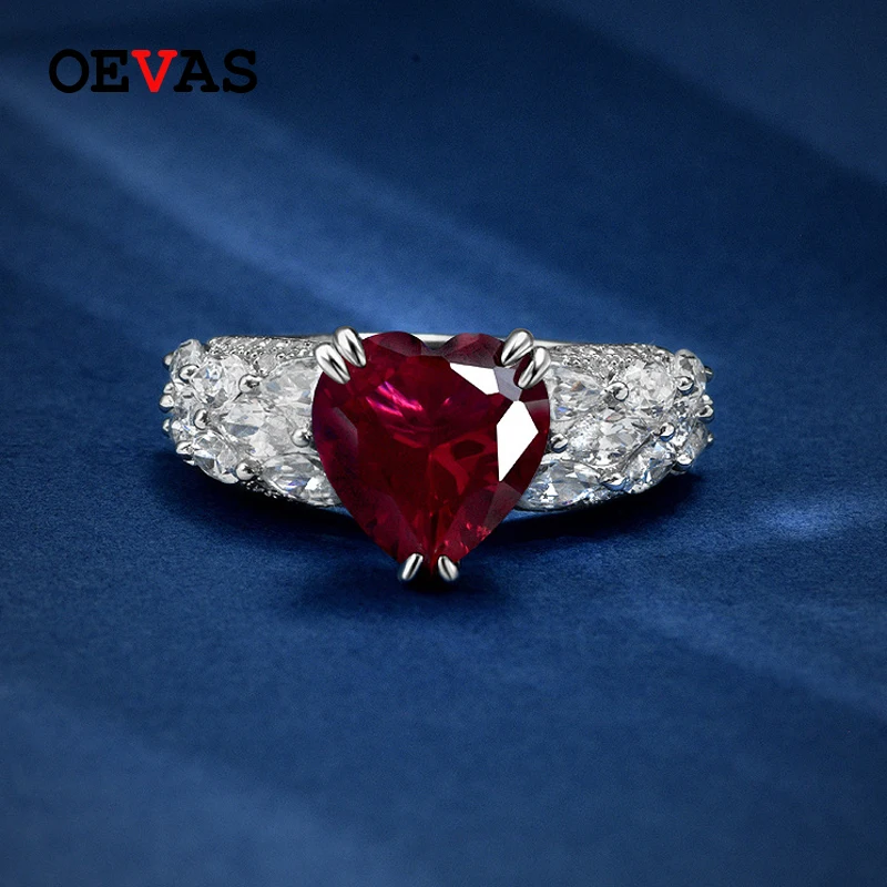 

OEVAS 100% 925 Sterling Silver 10*10mm Heart Corundum Ruby Wedding Rings For Women Sparkling Engagement Party Fine Jewelry Gift