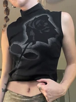 sexy turtleneck tank top rose print crop tops women summer gradient cami backless camisole casual female sleeveless cropped vest