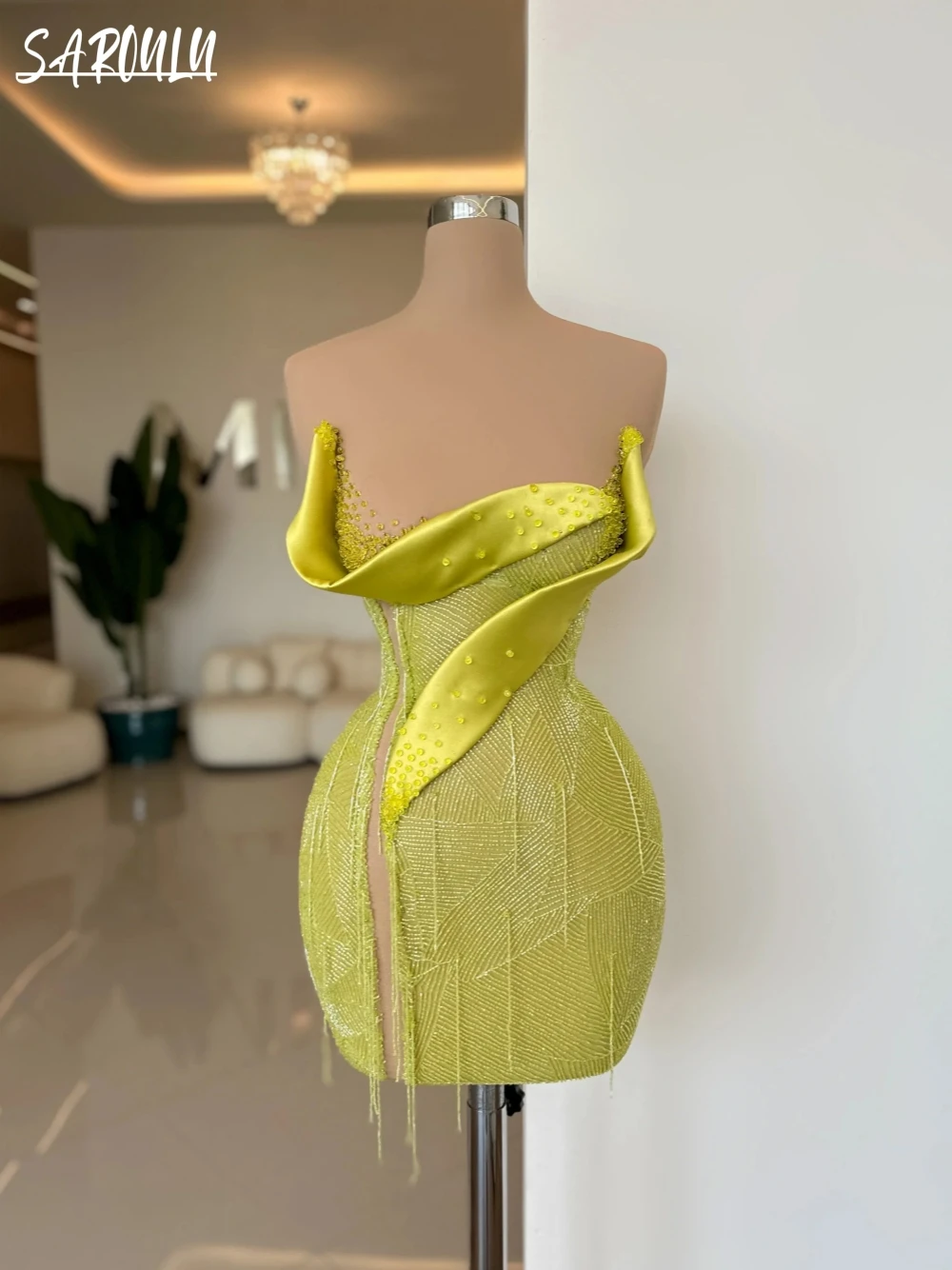 Шикарное вечернее платье без бретелек с кисточками и бисером Клубная одежда