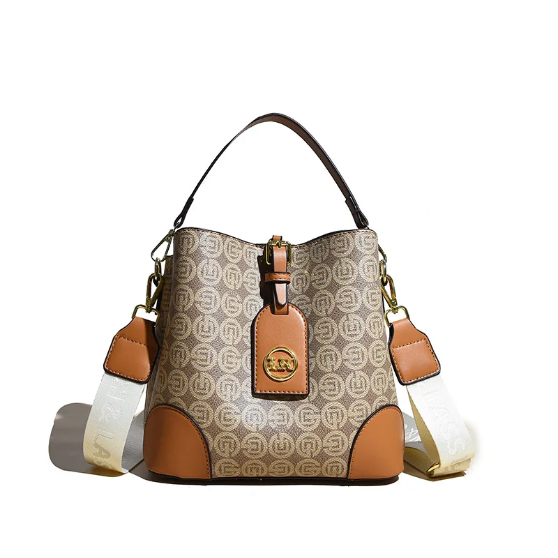 

New Printed High Capacity Bucket Bag Women's PU Leather Luxury Handbag Female Shoulder Crossbody Bag with Wide Shoulder Strap