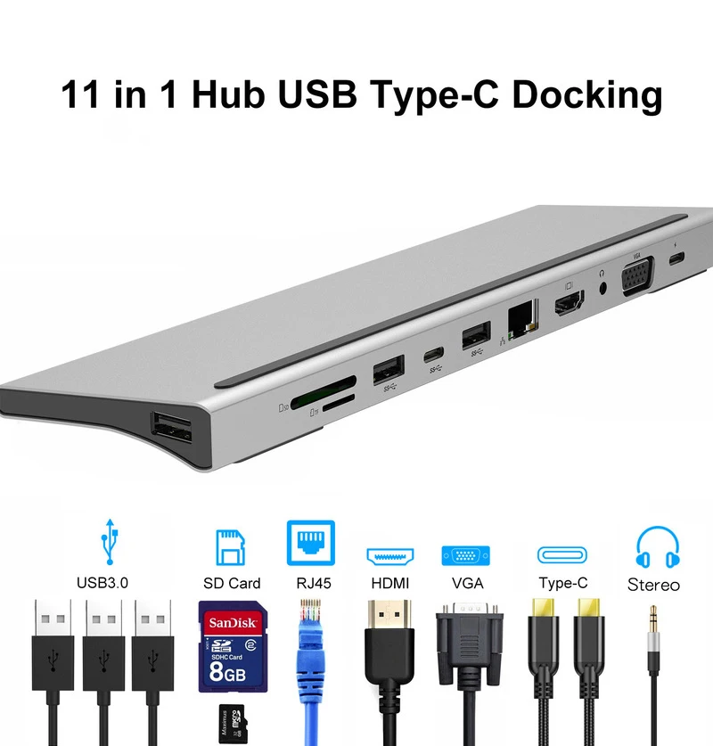 

Aluminium Alloy 11 in 1 3.0 USB HUB with 3*USB3.0+HDM1+VGA+RJ45+PD+SD/TF Card Reader+3.5mm Jack
