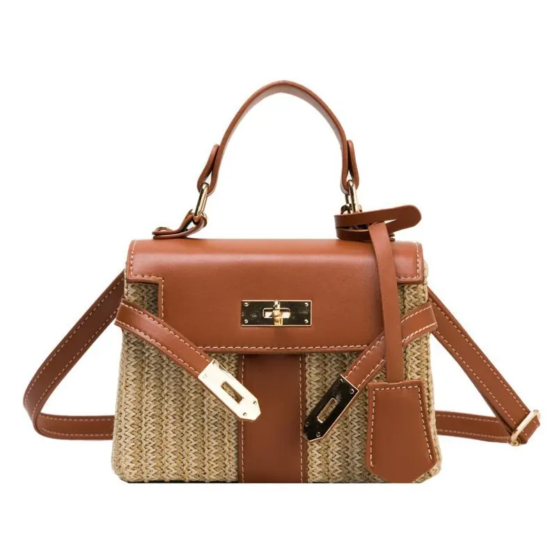 

2023 Fashion Box Straw Women Handbags Designer Wicker Woven Shoulder Crossbody Bags Chic Lock Pu Summer Beach Rattan Small Flap