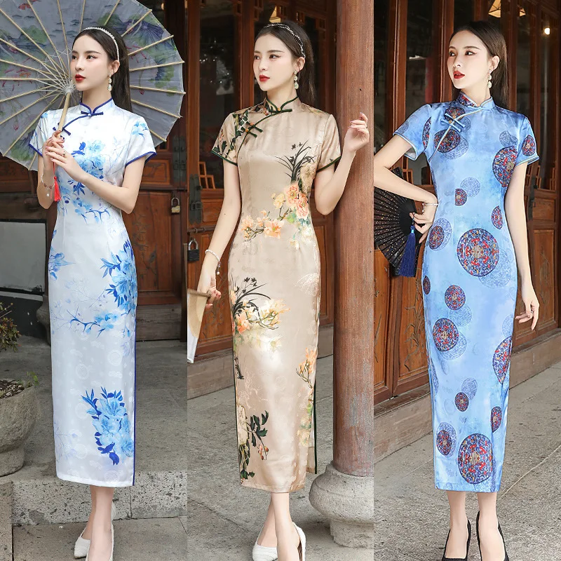 

Summer Chinese Traditional Retro Blue Cheongsam Dress Ladies Split Long Elegant Printed Party Qipao Stage Modern Brocade Gown