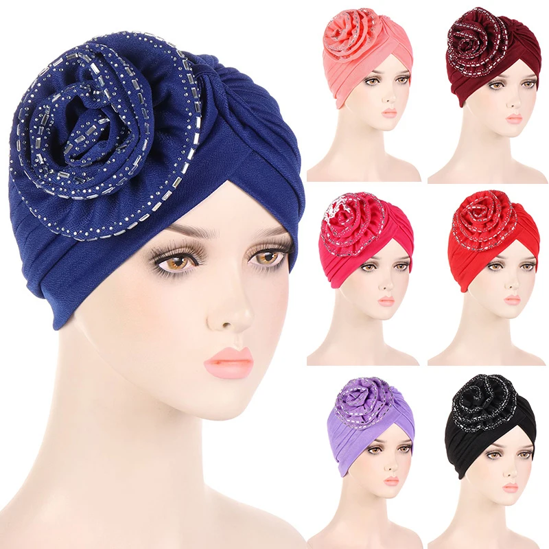 

National Style Big Flower Baotou Cap Elegant Exquisite Muslim Women Caps Pan Flower Hats Pure Color Turban Hat New Fashion