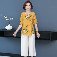 middle aged elderly women summer suit short sleeved t shirt topswide leg pants two piece set casual 5xl loose size tracksuit