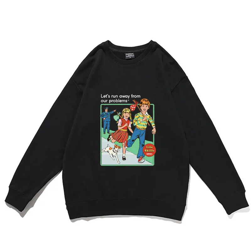 

Мужской/женский хлопковый пуловер Lesr, классический винтажный свитшот с надписью «убежать от наших проблем», черный, в уличном стиле