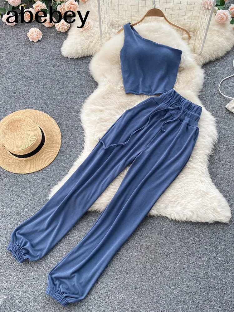 

2022 Women Summer Fashion Korean Set Sexy One Shoulder Strap Short Tops+High Waist Gradient Long Pants Two Piece Suits
