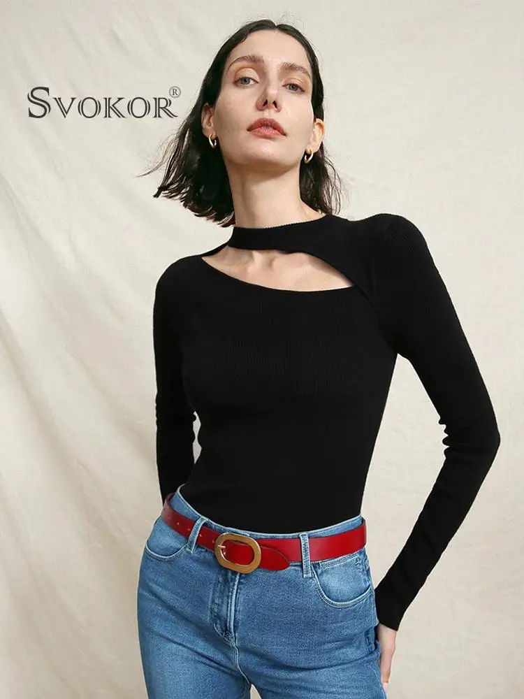 

SVOKOR Женская Сексуальная обтягивающая футболка с длинным рукавом и вырезом на шее, укороченный топ, повседневная универсальная уличная трик...