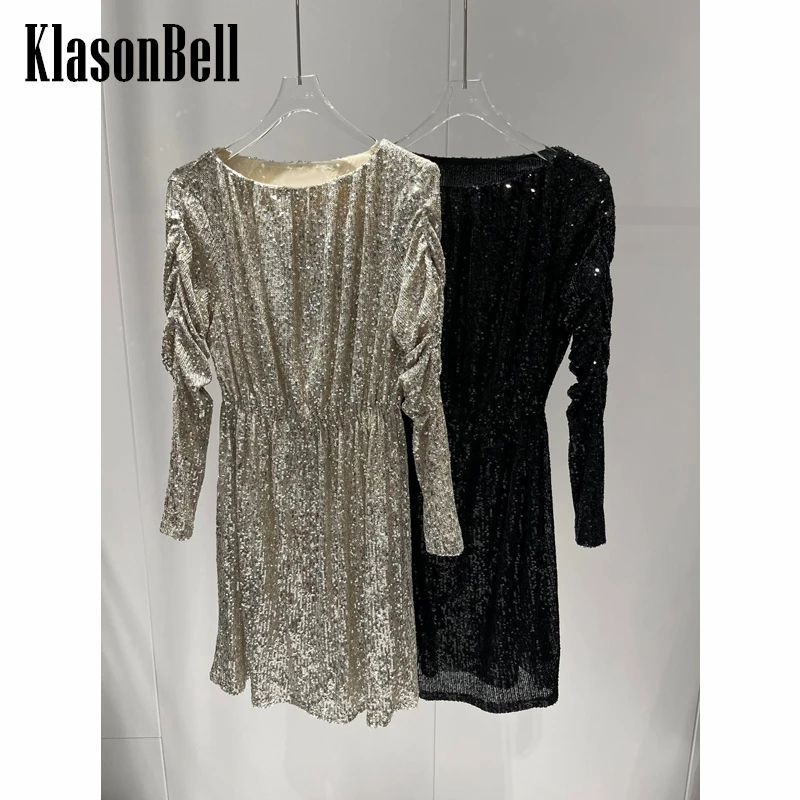 

9.24 KlasonBell Luxury Temperament Party Full Sequins Ruched Long Sleeve Collect Waist Mini Dress Women