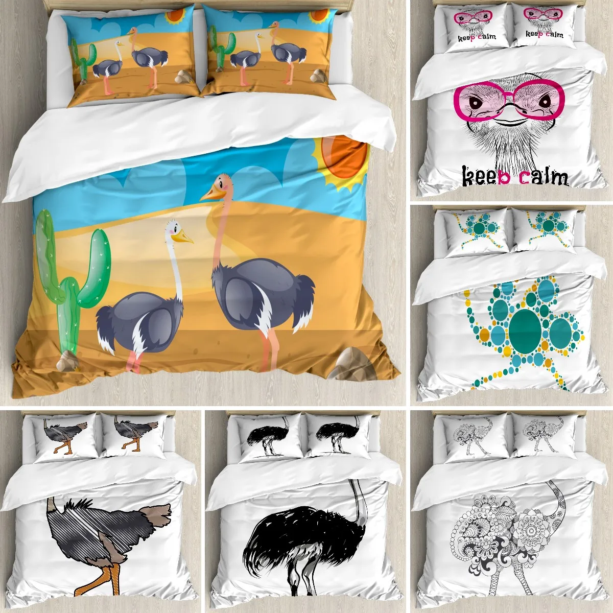 

Ostrich Duvet Cover Set King/Queen Size, Cartoon Ostrich And Cactus On Desert Print Duvet Cover For Boys Girls Kids,Multicolor