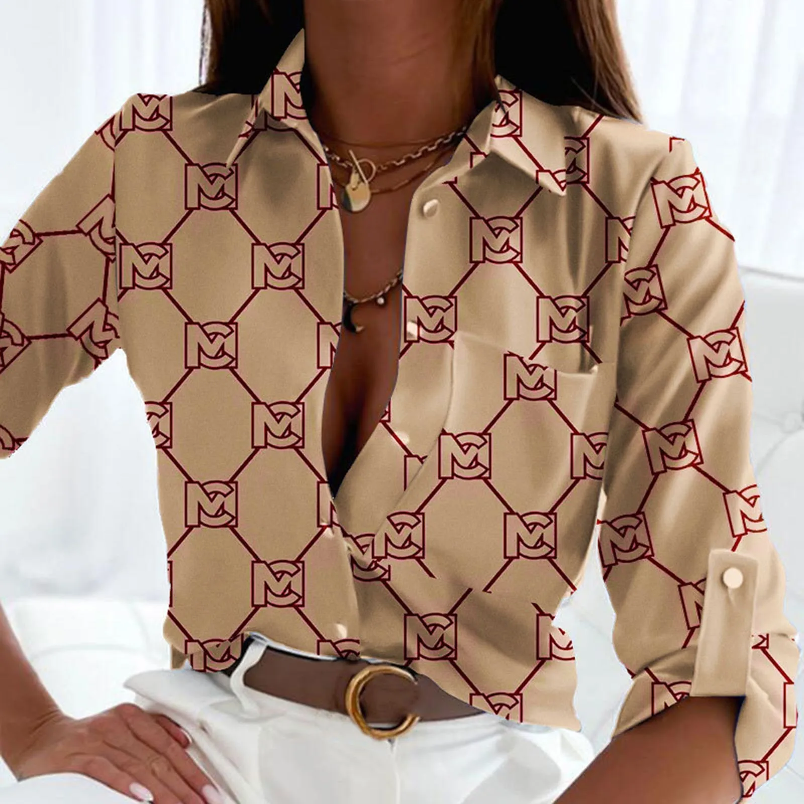 

Women Slim Blouse Turn-down Collar Three Quarter Sleeve Casual Shirts 2023 Spring Autumn Ladies Single-breasted Streetwear Tops