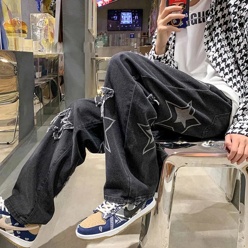 European And American High Street Hip-Hop Loose All Kinds Of Printing Straight Wide Leg Jeans Y2k Retro Harajuku Jeans Unisex