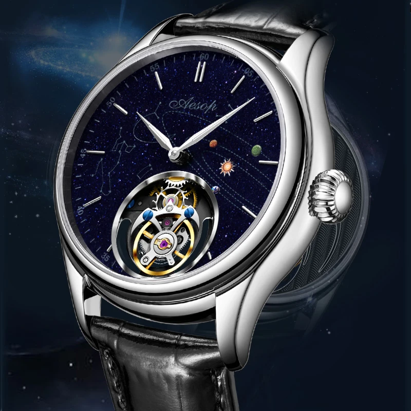 

Super AESOP Flying Tourbillon Watch for Men Milky Way Star Sapphire Dial Luxury Steel Band Male Mechanical Wrist Watches 1963