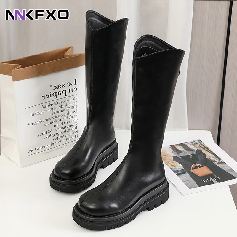 

Женские кожаные сапоги на платформе, высокие сапоги до колена на высоком каблуке, на молнии, с толстой подошвой, В рыцарском стиле, зима 2022