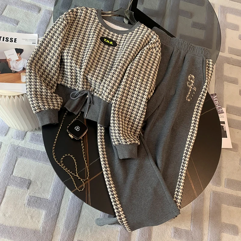 

Long Sleeve Short Hoodie Two Piece Sets Womens Outifits 2022 Streetwear Houndstooth O Neck Sweatshirt+Casual Wide Leg Pants Suit