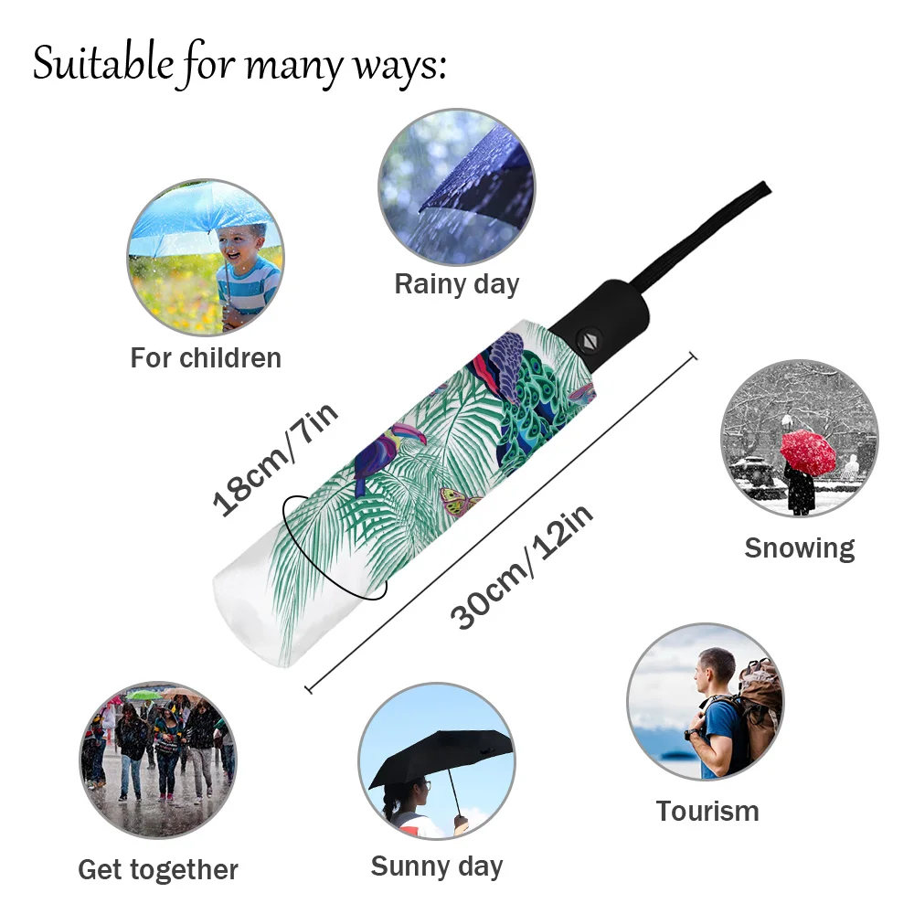 Зонт для дождя и солнца, полностью автоматический, складной, с рисунком павлиньего пера, для женщин и мужчин, с восемью спицами.