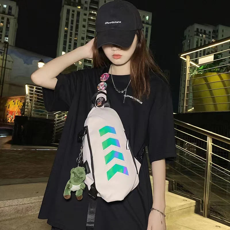 Unisex Reflective Strip Sling Backpack Girls Fashion White Cross Body Purse Mens Black One Shoulder Back Pack Chest Bag for Boys