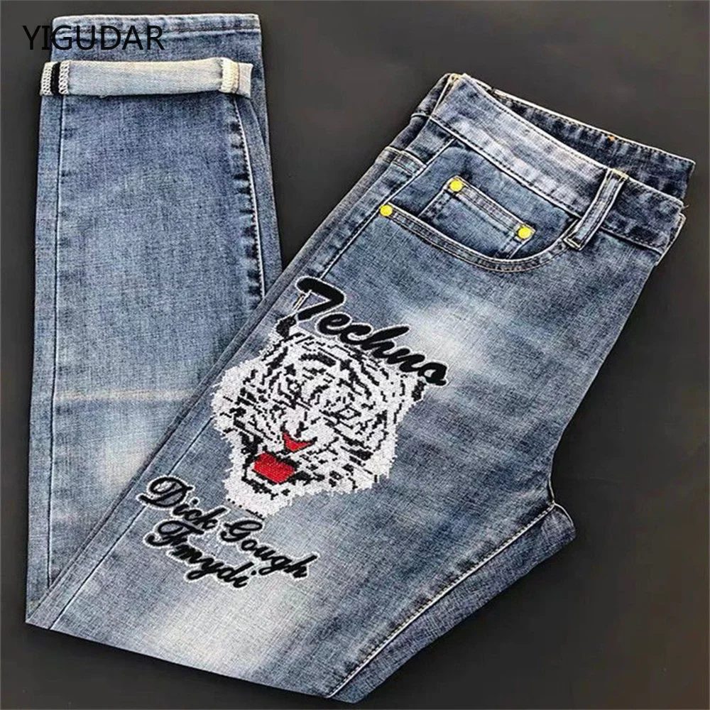 Male Jeans Men Men'S Jean Homme Denim Slim Fit Pants Trousers Blue Biker Printing Jeans For Men Skinny Casual Fashion Sweatpants