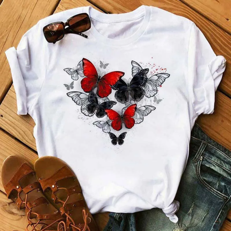 

Women Lady Cartoon Butterfly Feather Printed T Shirt Summer Short Sleeves Clothes Tee Woman Top Female Graphic Tshirts