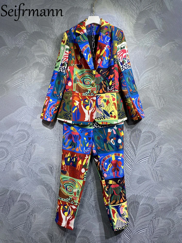 

Seifrmann High Quality Summer Women Fashion Designer Pants Sets Colorblock Multicolor Slim Jacket + High Waist Long Pants Suits
