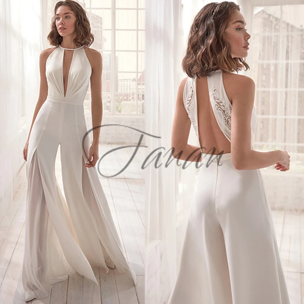 

Boho Halter Sleeveless Wedding Dress Jumpsuit Sheath Satin Simple Bridal Gown Sexy Jumpsuits For Women Wedding Gowns