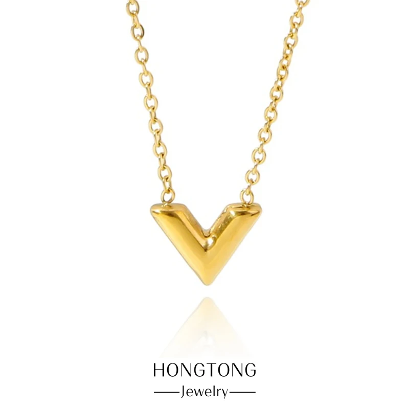 

HONGTONG Europe And The United States Light Luxury Exquisite V Letter Pendant Necklace Women's 18K Gold Plated Stainless