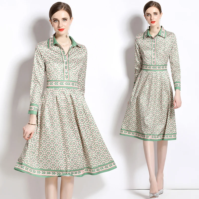 

Women's Spring and Autumn New High End Style Polo Neck Long Sleeve Printed Pleated Panel Mid Length Fashion Big Swing Dress