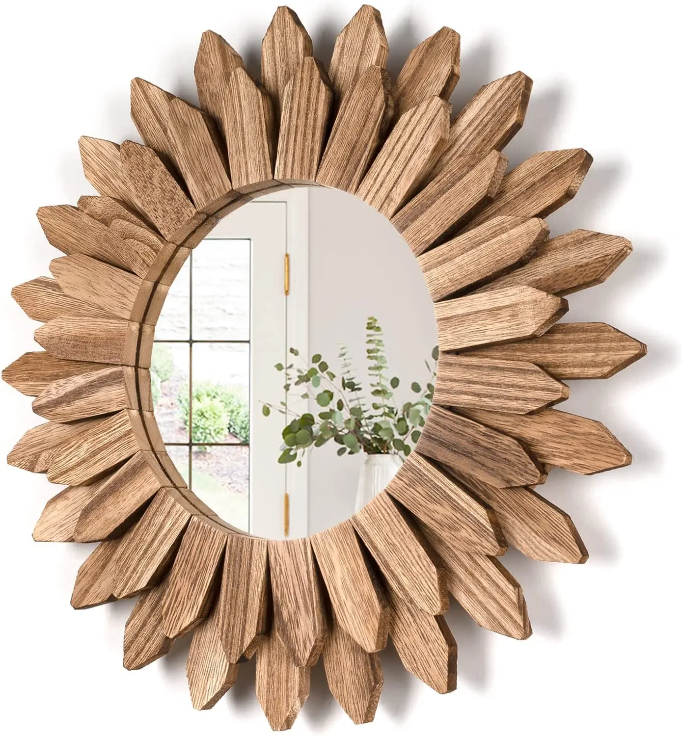 

12 inch Wall Decorative Mirror Rustic Wood Mirror Sunburst Boho Mirror for Entryway Bedroom Living Room Wall Hanging Decoration