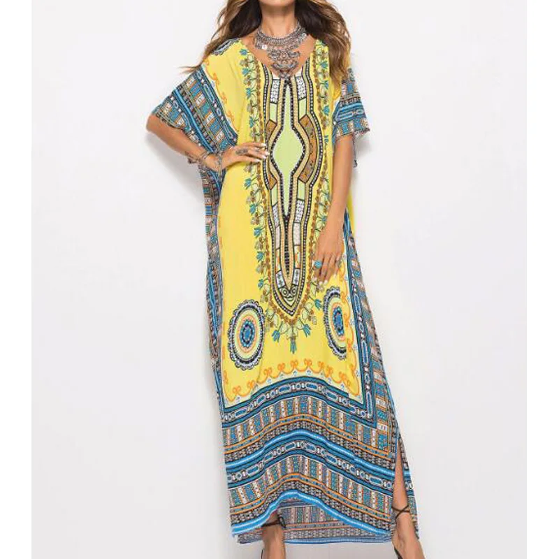 

Women Fashion Muslim Dresses Print Vintage Beach Summer Dress Dubai Maxi Kaftan Robe Large Size Arabes Abaya Islamic Clothing