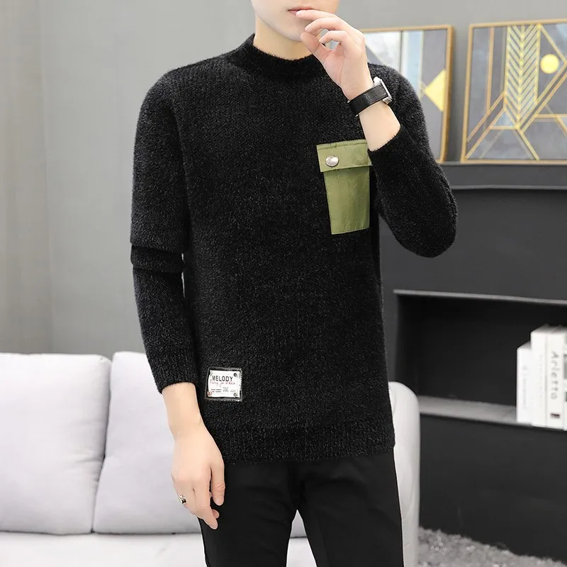 New Winter Top Quality Half high collar Men Sweater Thick Warm Pullover Casual pocket Mens Sweaters High Neck Knit Male Jump | Мужская