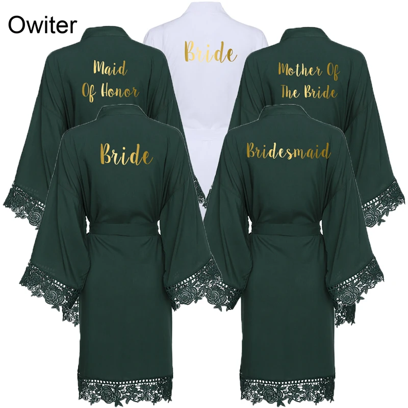 2022 Green Solid Cotton Kimono Bride Bridesmaid Robes with Lace Trim Women Wedding Bridal Robe Bathrobe Sleepwear White