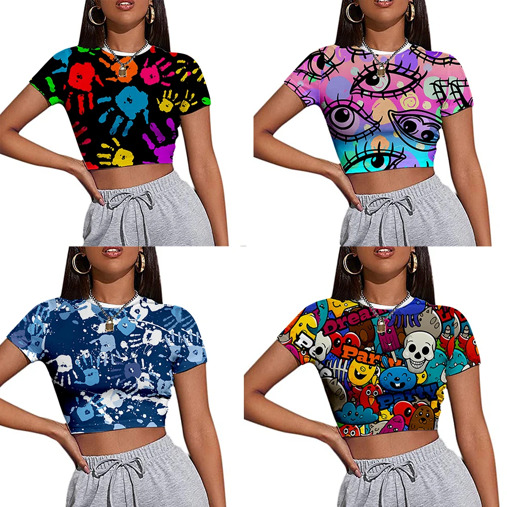 

2022 Summer Short Women's Casual Painted Graffiti Print Slim Fit Fashion Short Sleeve Stand Collar T-Shirt