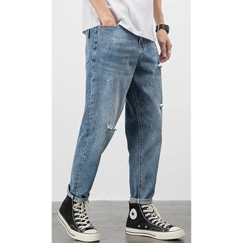 Men Clothing Autumn and Winter New Straight Loose Cylinder Jeans Vintage Elastic Force Comfortable Blue Ripped Trousers Women